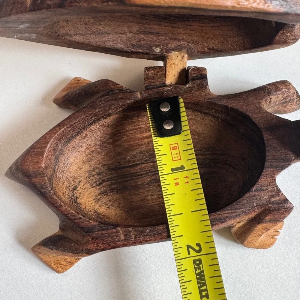 Hand Carved Wooden Turtle Trinket Box Hinged Shell Figurine Storage Brown Wood